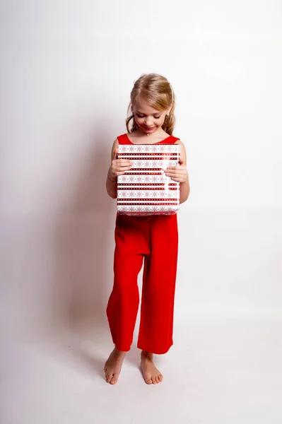 Pretty Young Kid Girl Red Dress Gift Box Isolated Studio — Stock Photo, Image