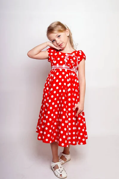 Pretty Young Kid Girl Red Dress Gift Box Isolated Studio — Stock Photo, Image