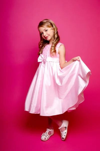 Pretty Young Kid Girl Pink Dress Isolated Studio Shot — Stock Photo, Image