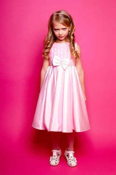 Pretty Young Kid Girl Pink Dress Isolated Studio Shot — Stock Photo, Image