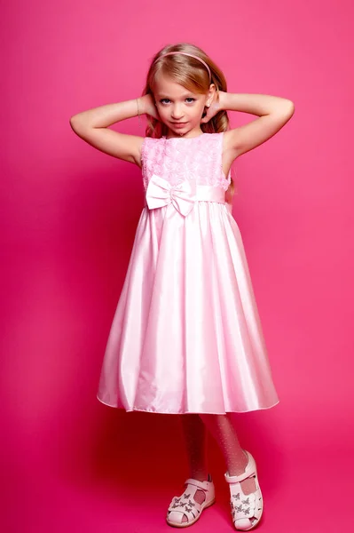 Pretty Young Kid Girl Pink Dress Isolated Studio Shot — Stock Photo, Image