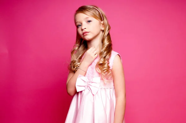Pretty Young Kid Girl Pink Dress Isolated Studio Shot — Stock Photo, Image