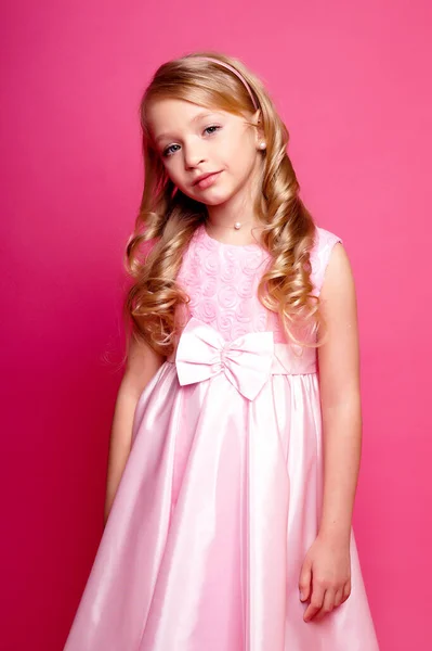 Pretty Young Kid Girl Pink Dress Isolated Studio Shot — Stock Photo, Image