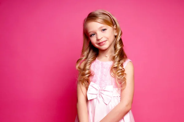 Pretty Young Kid Girl Pink Dress Isolated Studio Shot — Stock Photo, Image