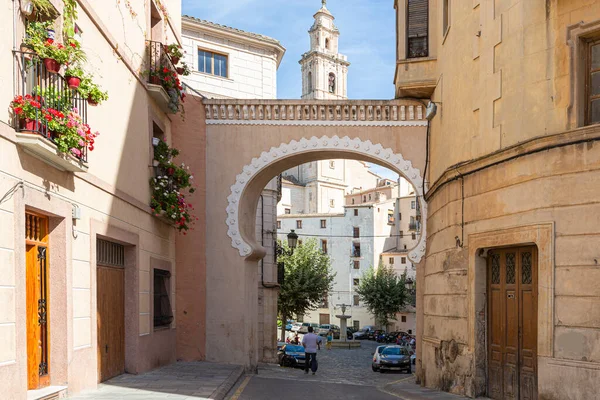 Valensiya Özerk Topluluğu, İspanya 'nın Valensiya ili Plaza de Bocairent' in balkonlarında sardunya çömlekleri ile süslenmiş güzel bir giriş.