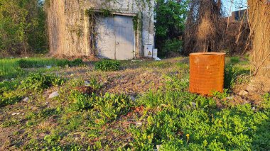 Terk edilmiş eski trafo istasyonunun yakınındaki çimlerin üzerinde bir sürü farklı çöp var. Çoğunlukla plastik ama eski paslı bir fıçı da var.