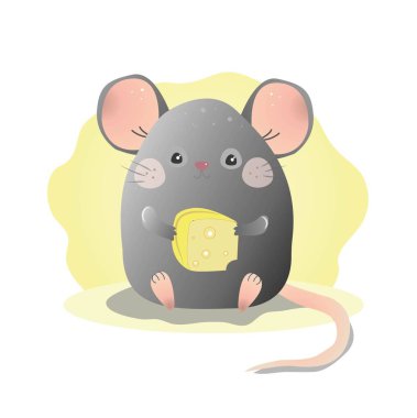 a little cute gray mouse holds a piece of cheese in its paws. light yellow background. children illustration. calm and gentle colors