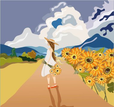 a girl in a summer dress and a hat of light shades holds a bouquet of flowers in her hands. field road and sunflower field. sunny weather, blue sky with clouds. summer bright illustration