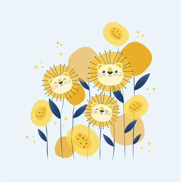 Cute Children Illustration Depicting Lions Form Flowers Warm Summer Colors — Διανυσματικό Αρχείο