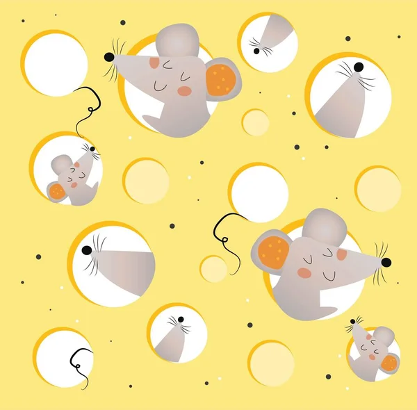 Cheese Holes Gray Mice Peek Them Bright Cute Illustration Can — Stockvector