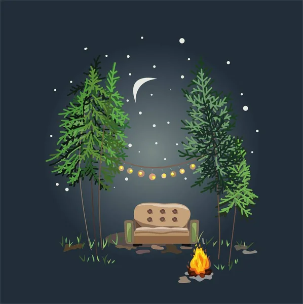 Romantic Place Night Pine Forest Sofa Fire Lights Starry Sky — Image vectorielle