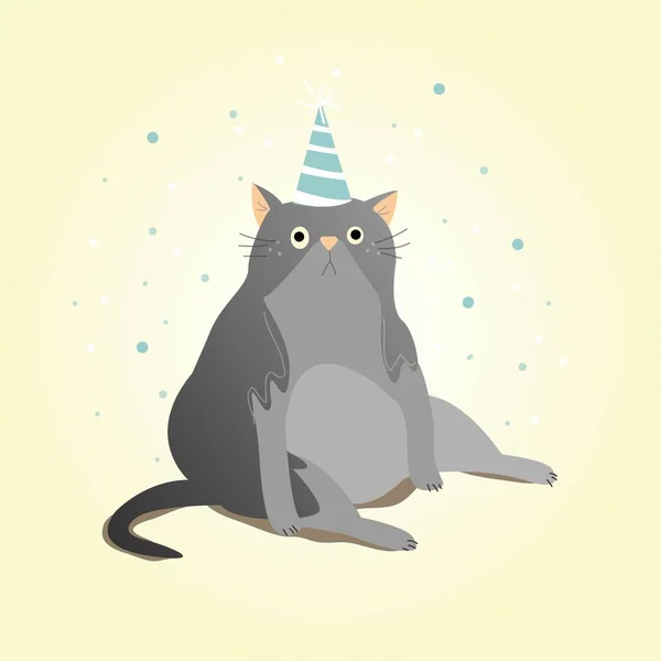 Cute Fat Gray Cat White Blue Festive Cap Sits Floor — Stockvektor