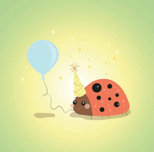 Small Smiling Ladybug Festive Cap Her Head Holds Balloon Her — Vetor de Stock