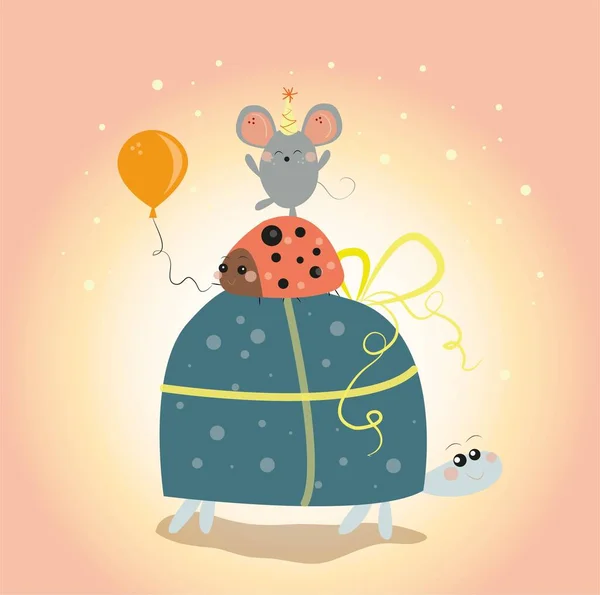 Cute Greeting Card Turtle Ladybug Mouse Stand Top Each Other —  Vetores de Stock