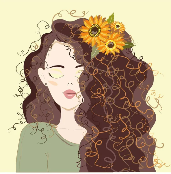 curly girl with sunflowers in her hair. green sweatshirt. light yellow delicate background. summer illustration in fresh and sunny colors
