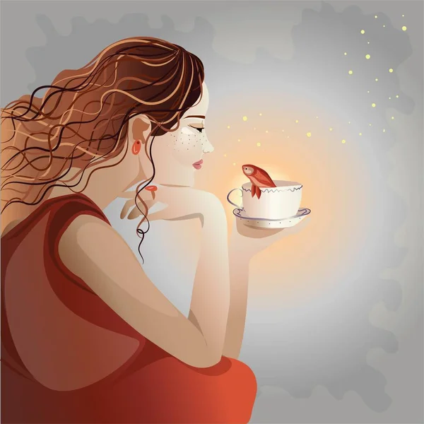 beautiful girl with copper curly hair. dark red dress and, earrings and ring. the girl holds in her hand a cup from which a goldfish looks out at her. magical and mysterious illustration