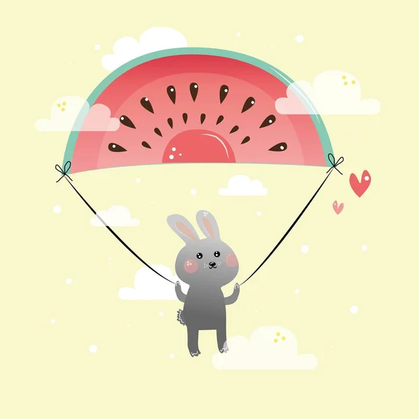 Cute Little Rabbit Flies Sky Parachute Form Piece Watermelon Clouds — Image vectorielle