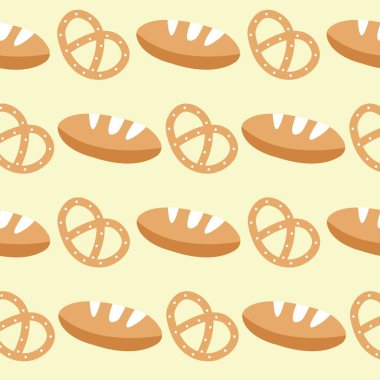 Seamless Bakery Icons Background Seamless bakery and pastry products background, with bread and breakfast icons, brioche, viennoiserie, cakes, crescent, donuts, biscuits, desserts and sweets