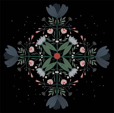 Seamless pattern in vintage style. Poppy flowers, poppy heads, leaves form a continuous composition. Delicate pastel colors brown, beige, powder. Dark background.