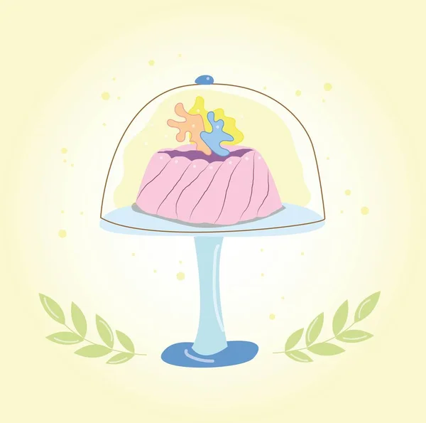 Birthday cake on a stand vector illustration. Hand drawn cake with cream, flowers decor and cherry on top. Cute doodle illustration of pastry food
