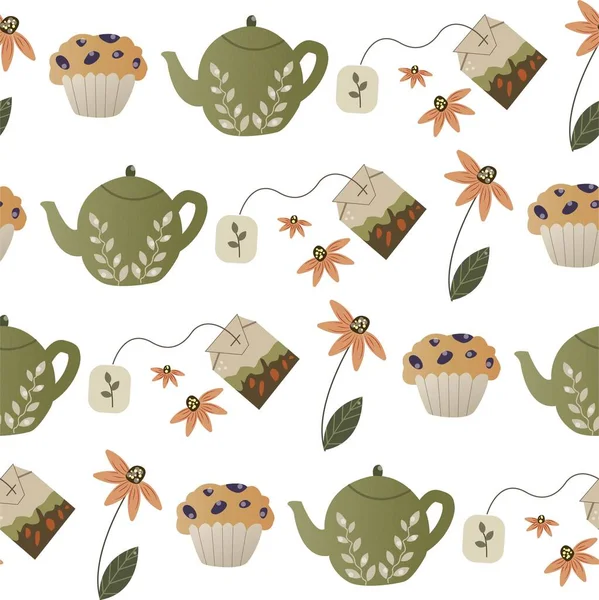 kettle and cupcake, tea bag, flower. Cute illustration with a bouquet of flowers in a teapot . Vector card.