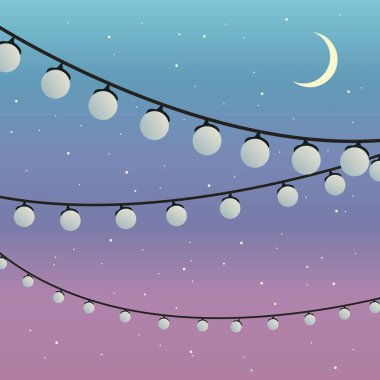 Bir çizgi üzerinde asılı açık dize ışıklar. Vektör çizim