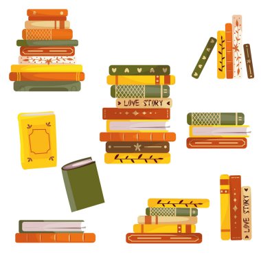 a variety of books with beautiful covers in warm colors. cozy and warm book collections illustration