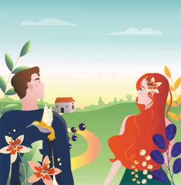 guys girl stand among plants flowers and hummingbirds. romantic illustration