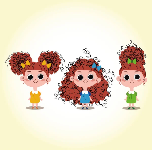 Little Cute Curly Girls Colorful Dresses — Wektor stockowy