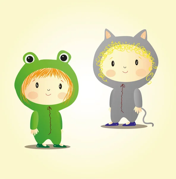 Cute Girls Cat Frog Costumes — стоковый вектор