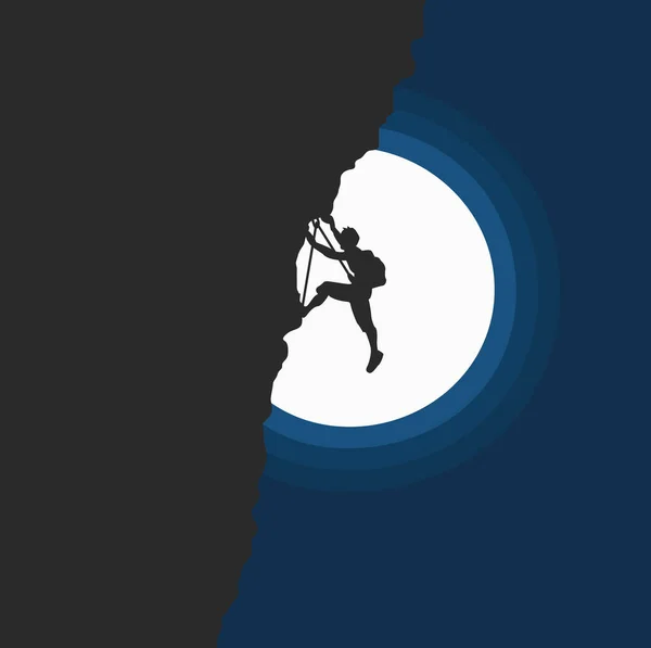 Man climbing rock overhang. Mountains and forest in the background. Illustration.