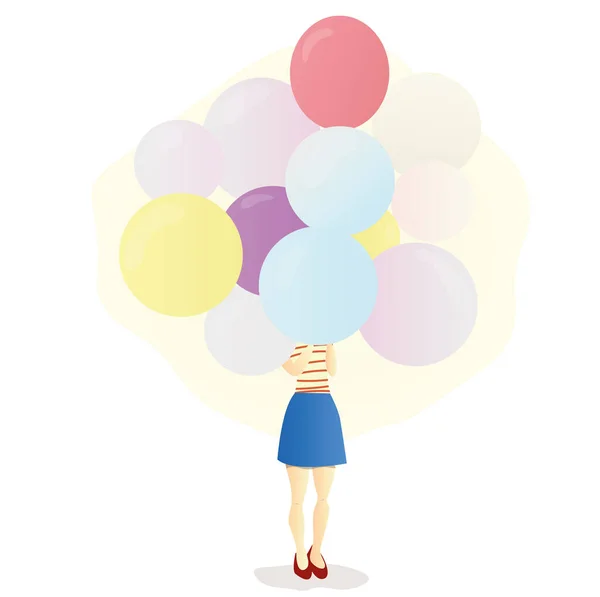 Playful Young Girl Holding Many Colorful Baloons Her Hands Hiding — Vetor de Stock