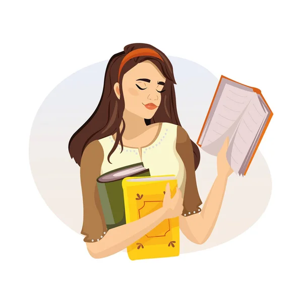 Beautiful Girl Holding Books Her Hands Cozy Warm Illustration — Stockvector