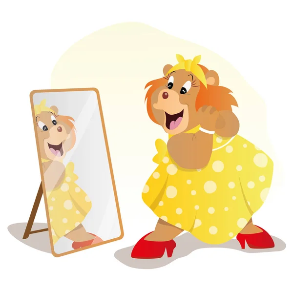 a cute bear from the Gummy Bear cartoon in a yellow dress and red shoes stands in front of a mirror
