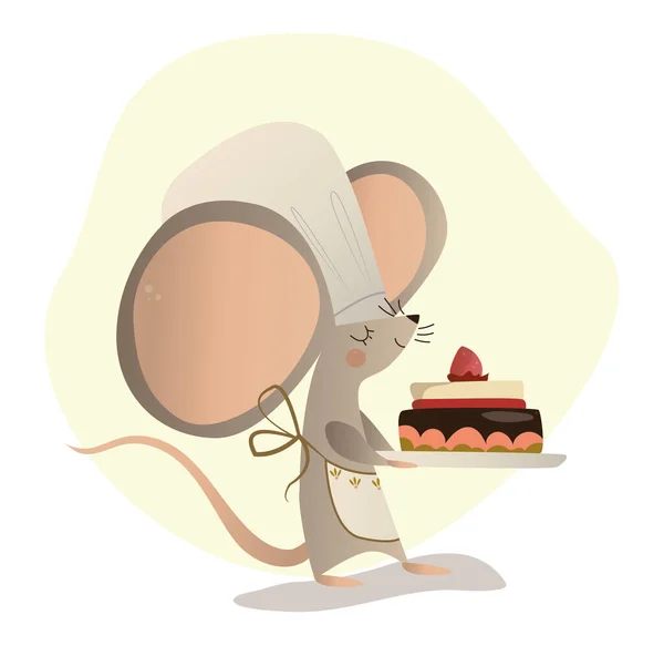 Cute Mouse Holding Big Cake Black White Vector Coloring Card — Image vectorielle