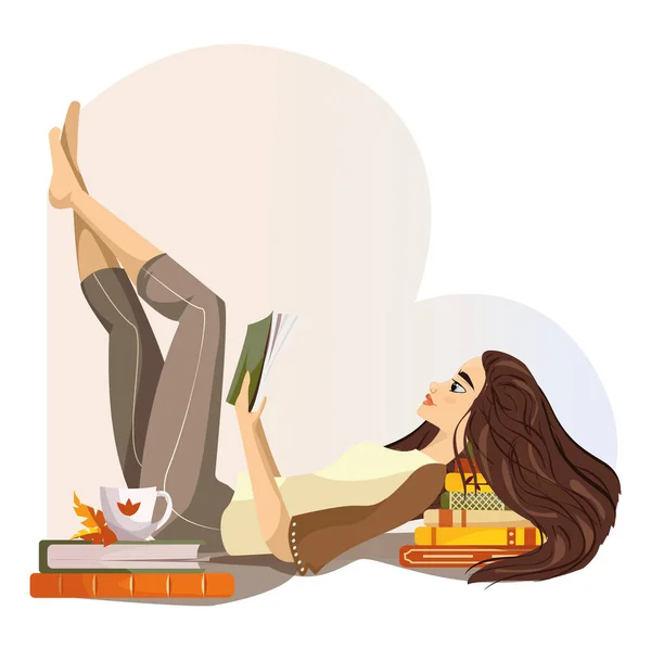 Young Woman Reads Book Couch Cosy Home Girl Sitting Sofa — Stock Vector