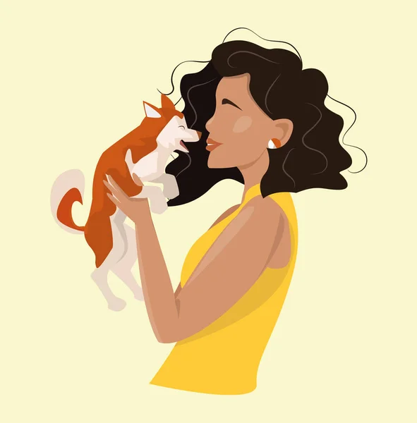 The illustration shows a girl holding her dog in her arms.