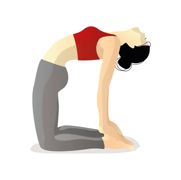 a girl with dark hair in gray leggings and a red T-shirt sits in a yoga pose