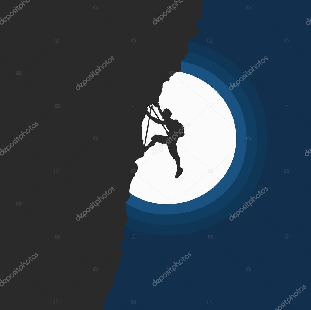 Man climbing rock overhang. Mountains and forest in the background. Illustration.
