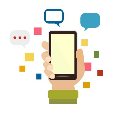 Çeşitli arkadaşlarla çevrimiçi cep telefonu mesajını tutan kişinin eli. Adam internet üzerinden sosyal medyada akıllı telefondan iletişim kuruyor. Modern teknoloji ve iletişim. Vektör illüstrasyonu.