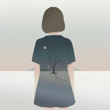 mysterious and fabulous illustration. a girl with a short haircut in a dress with trees and mountains depicted