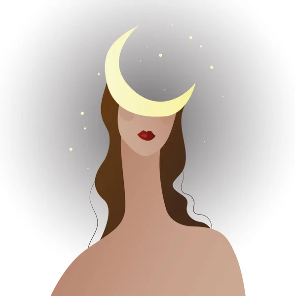 Młoda Piękna Kobieta Stoi Księżycem Głowie Gwiazdami Świecącymi Dookoła Kobieta — Wektor stockowy