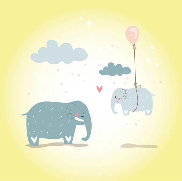 Cute Baby Elephant Flying Balloon Cartoon Vector Illustration — Stock Vector