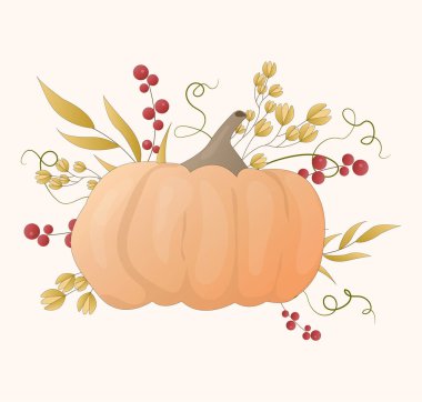 Dalları, yaprakları ve çiçekleri ile süslenmiş farklı şekil ve renklerde kabak grubu. Kartlar veya tasarım için basit sonbahar kompozisyonu.