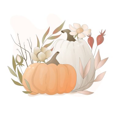 Dalları, yaprakları ve çiçekleri ile süslenmiş farklı şekil ve renklerde kabak grubu. Kartlar veya tasarım için basit sonbahar kompozisyonu.