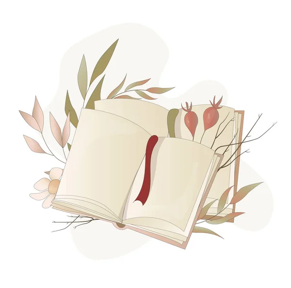 Een Schilderij Met Een Boek Versierd Met Vlinders Bloemen — Stockvector