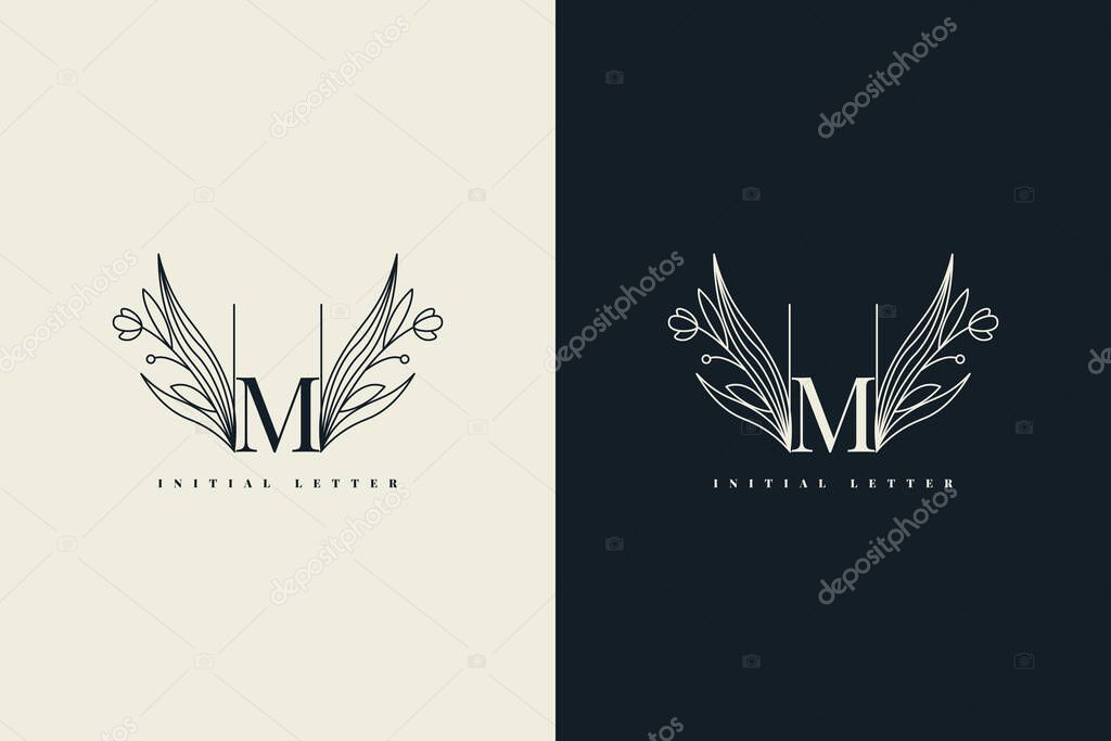 Letter M logo label with vintage leaf frame template design. Vector Eps 10