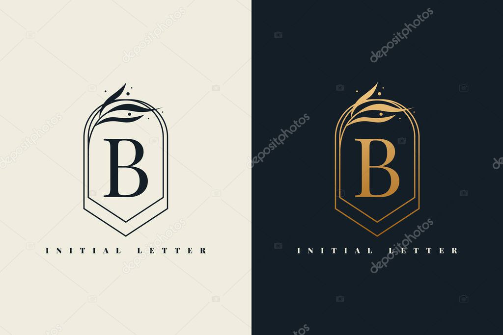 Letter B logo label with leaf vintage frame template design. Vector Eps 10