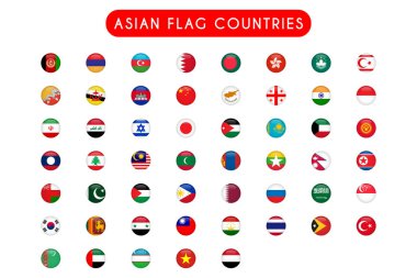 Tüm Asya bayrak ülkeleri 3d vektör illüstrasyonu etrafında