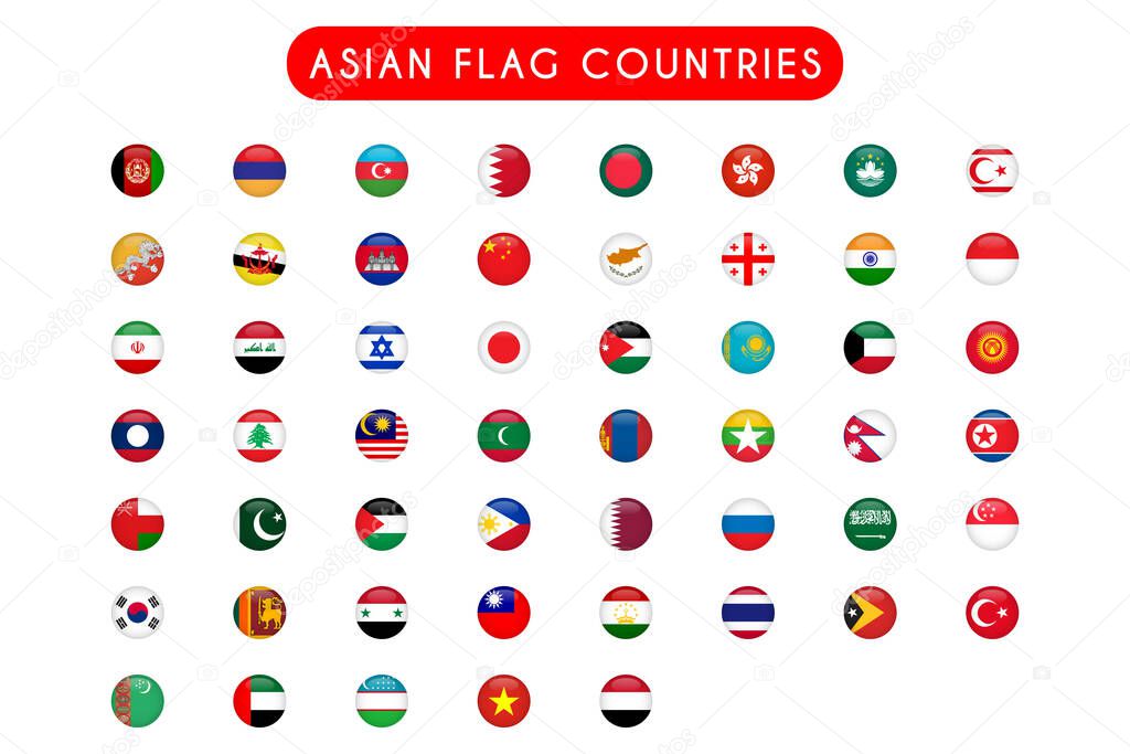 All Asian flag countries round 3d vector illustration
